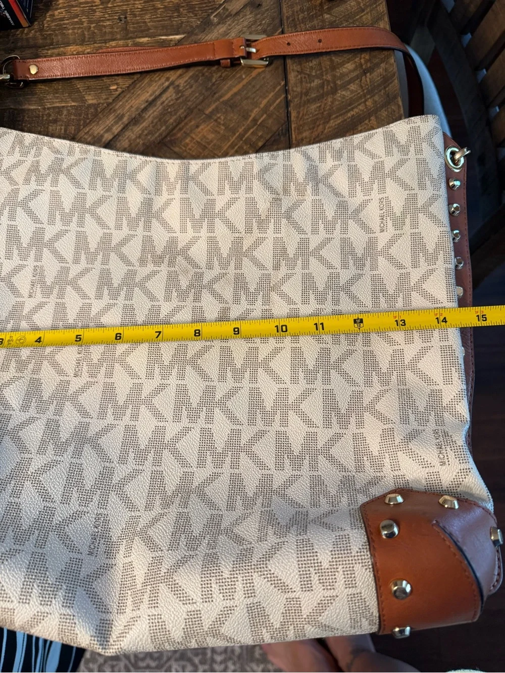 Michael Kors Cream MK Logo Shoulder Bag with Brown Trim